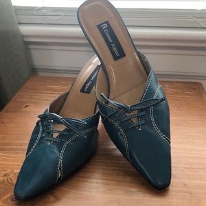 Etienne Aigner Blue Mules with White Stitching